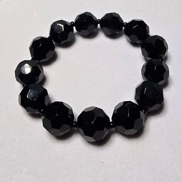 Vintage Black Faceted Bead Stretch Bracelet – Mid-Century - Picture 1 of 3